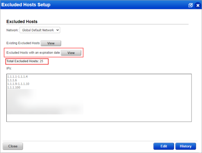 Excluded Hosts Setup Window to view the information of all excluded host list.